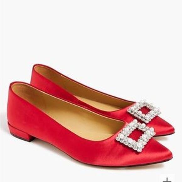 J. Crew Crystal Embellished Pointed Toe Satin Flats Shoes Ruby Red 8 - Picture 1 of 10
